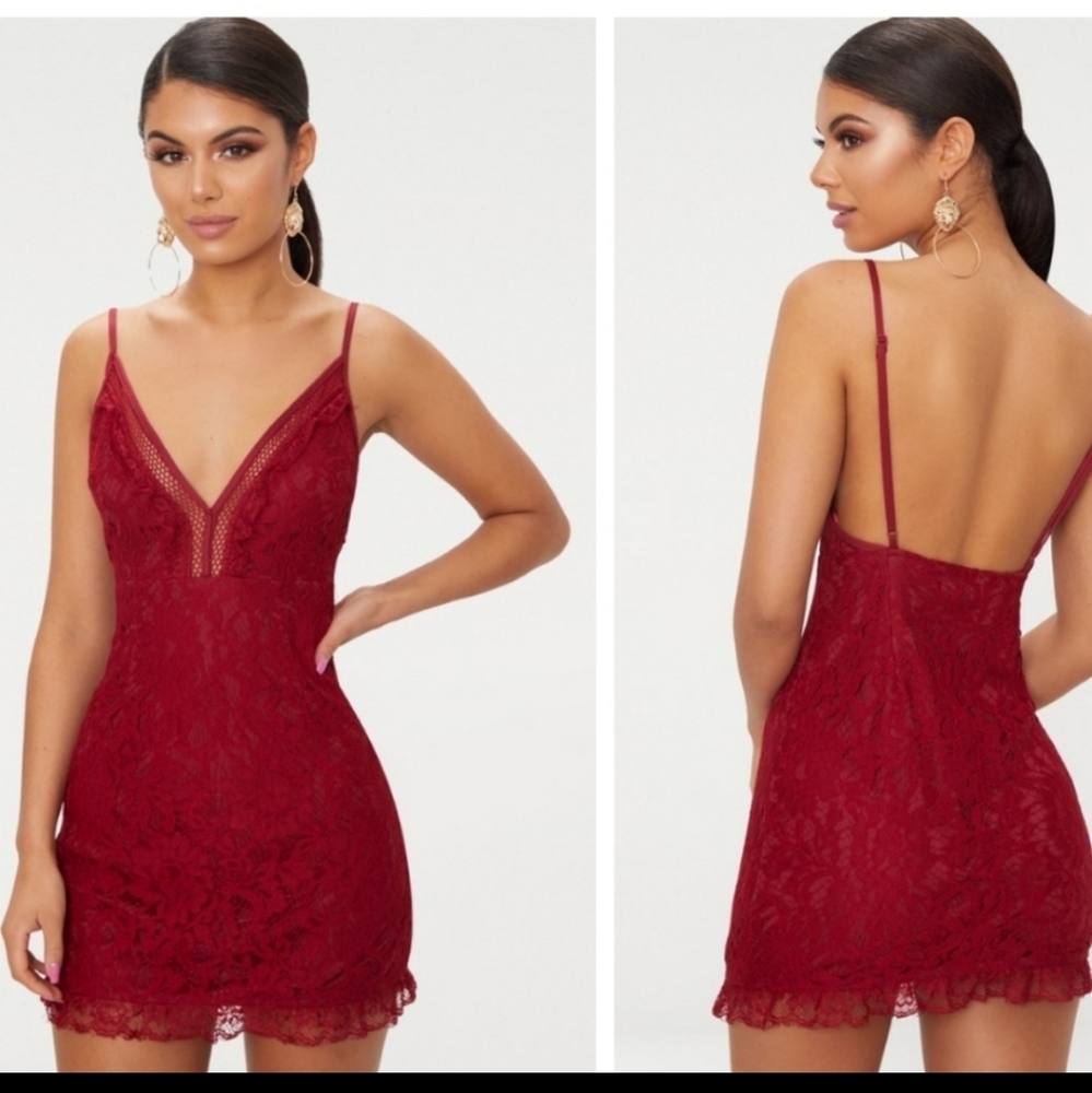 Pretty Little Thing Burgundy Strappy Lace Shift Dress V-neck Cutout Open Back